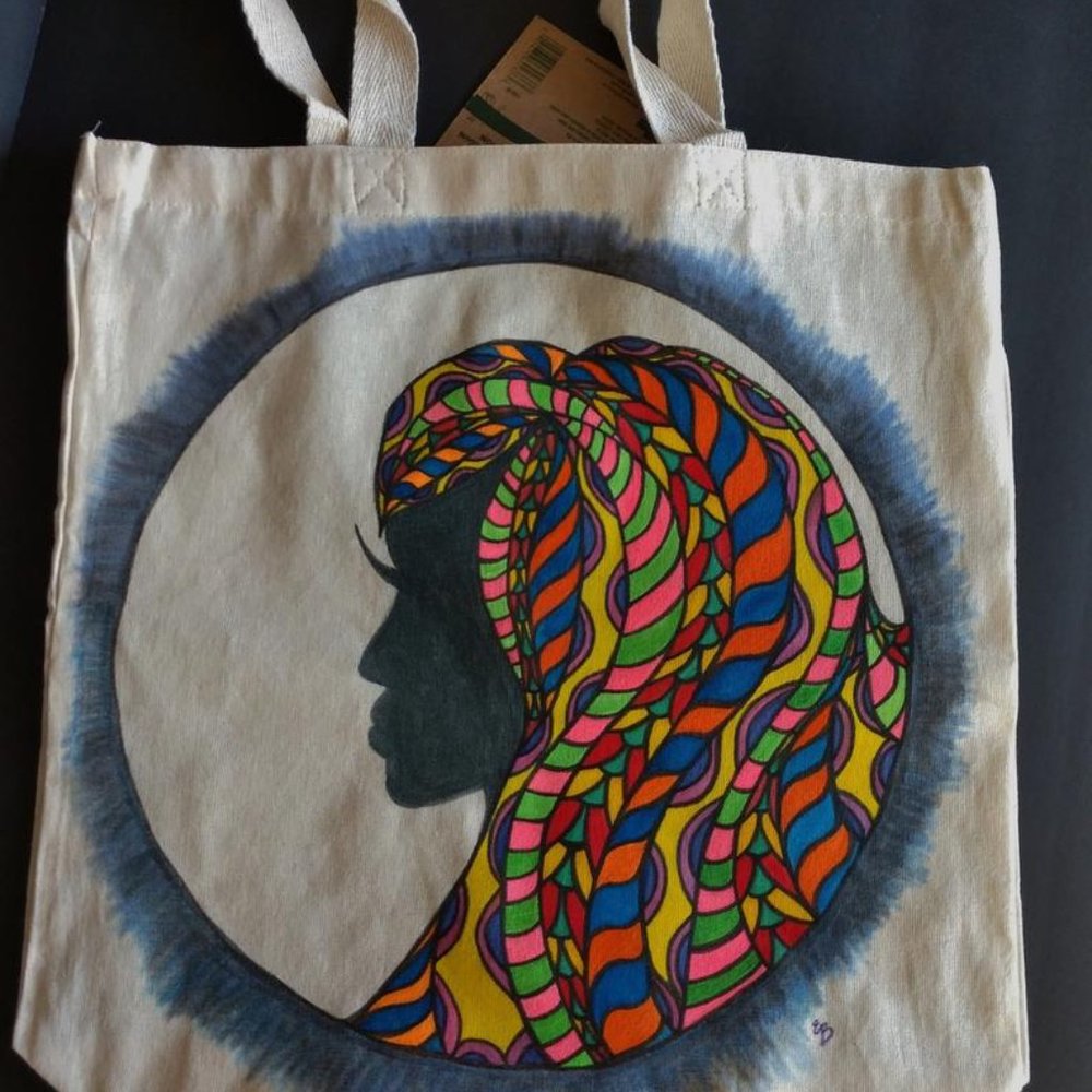 Handmade Painted Tote Bag with Lady with Rainbow Hair Silhouette Art Artisan - Picture 5 of 16